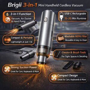 Brigii Mini Handheld Vacuum Cordless, 3 in 1-Car & Air Duster & Gray